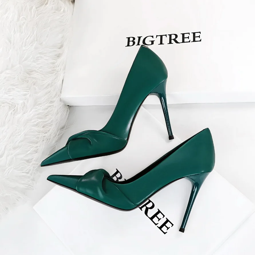 New Elegant Women 10cm Stripper High Heels Pumps Scarpins Designer Knots Green Stiletto Heels Party Wedding Shoes Plus Size 43