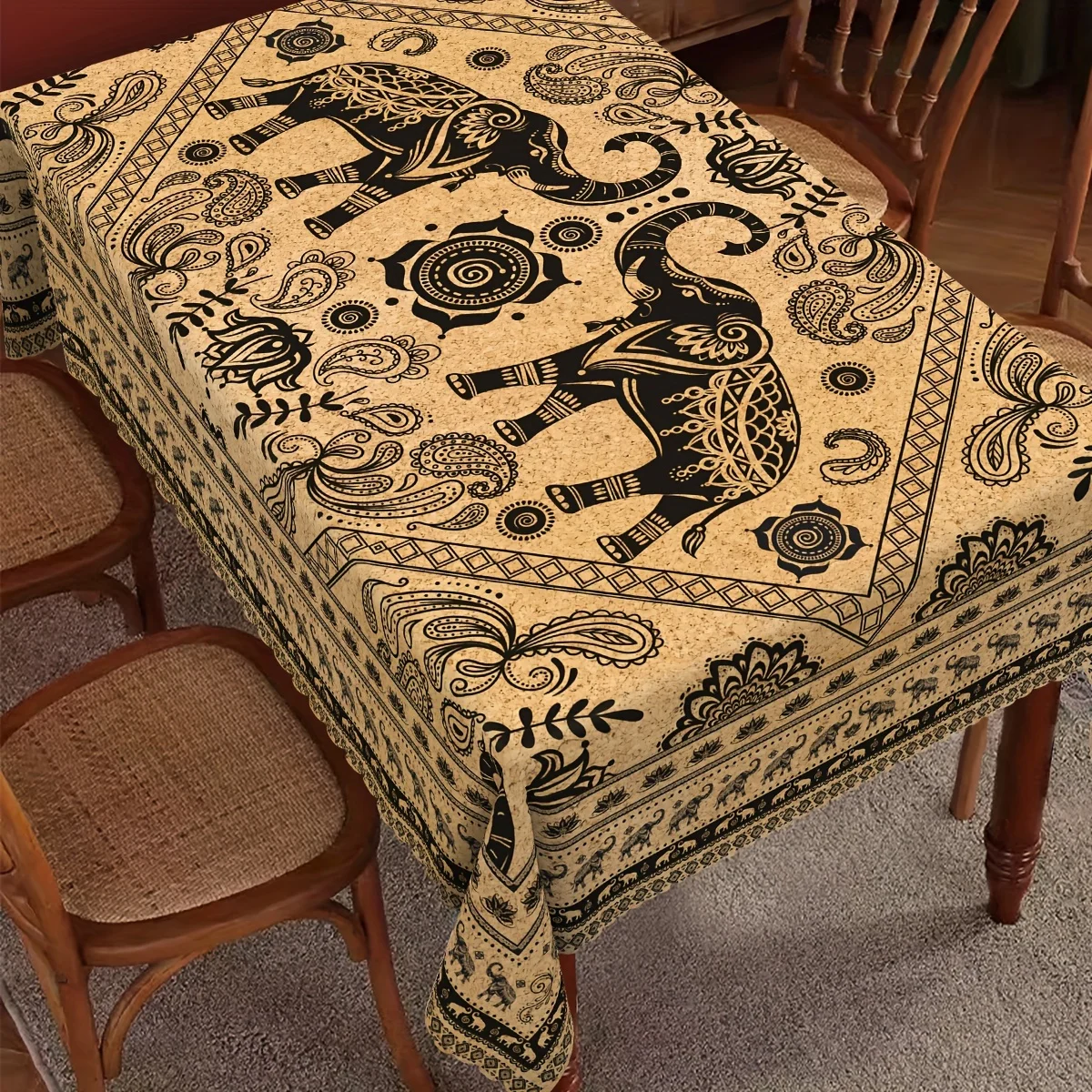 Country Style Elephant Flowers Plants Tablecloth Home Decorations Farmhouse Tribal Rectangle Table Cloth for Kitchen Table Decor