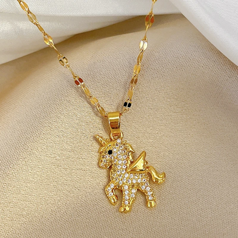 Trendy Cute Unicorn Pendant Necklaces for Women 2022 Titanium Stainless Steel 18k gold plated jewelry Neck Link Chain Gift