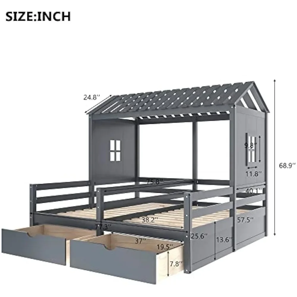 Twin dubbel gedeeld bed, twin-size huisplatform met twee lades voor jongens en meisjes gedeeld, geschikt voor slaapkamers