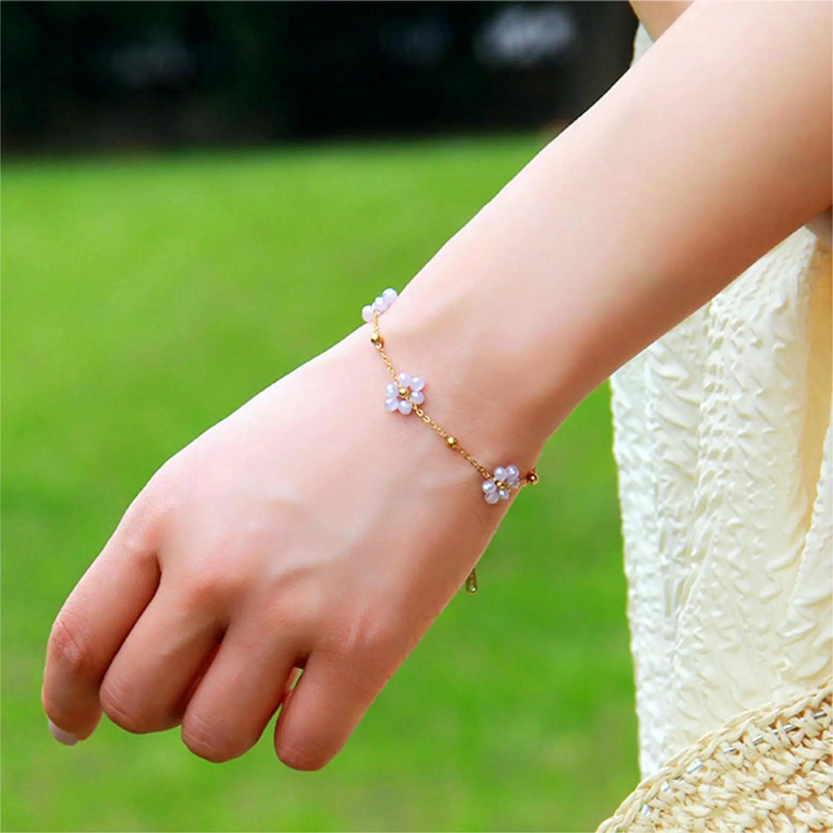 Summer colorful daisy bead flower crystal stainless steel bracelet for women, 3 flowers, bohemian fashion bracelet for women to