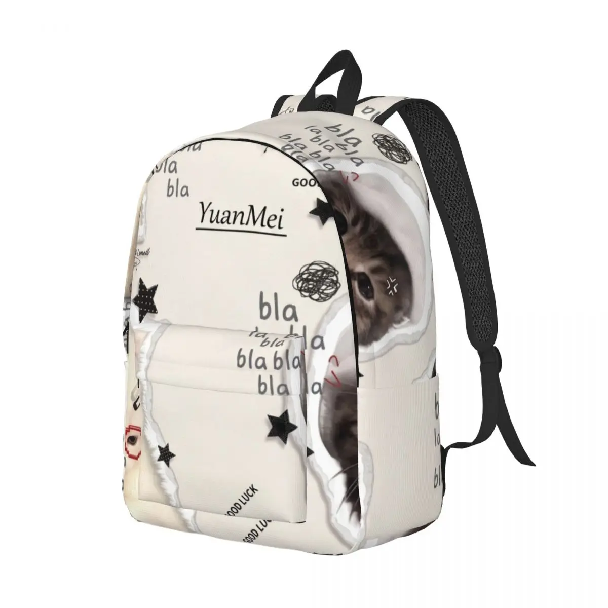Soft Aesthetic Student Backpack Tossed Kitten Stickers Cute Kawaii White Black Red Edgy Daypack for School Work Weekend Outfit