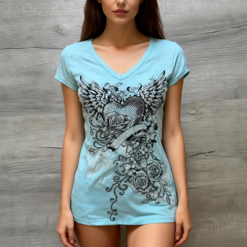 American Retro Hottie T-shirt Subculture Punk Aesthetic Print Tshirts Summer Slim V-neck Harajuku Tees Women Popular Street Tops