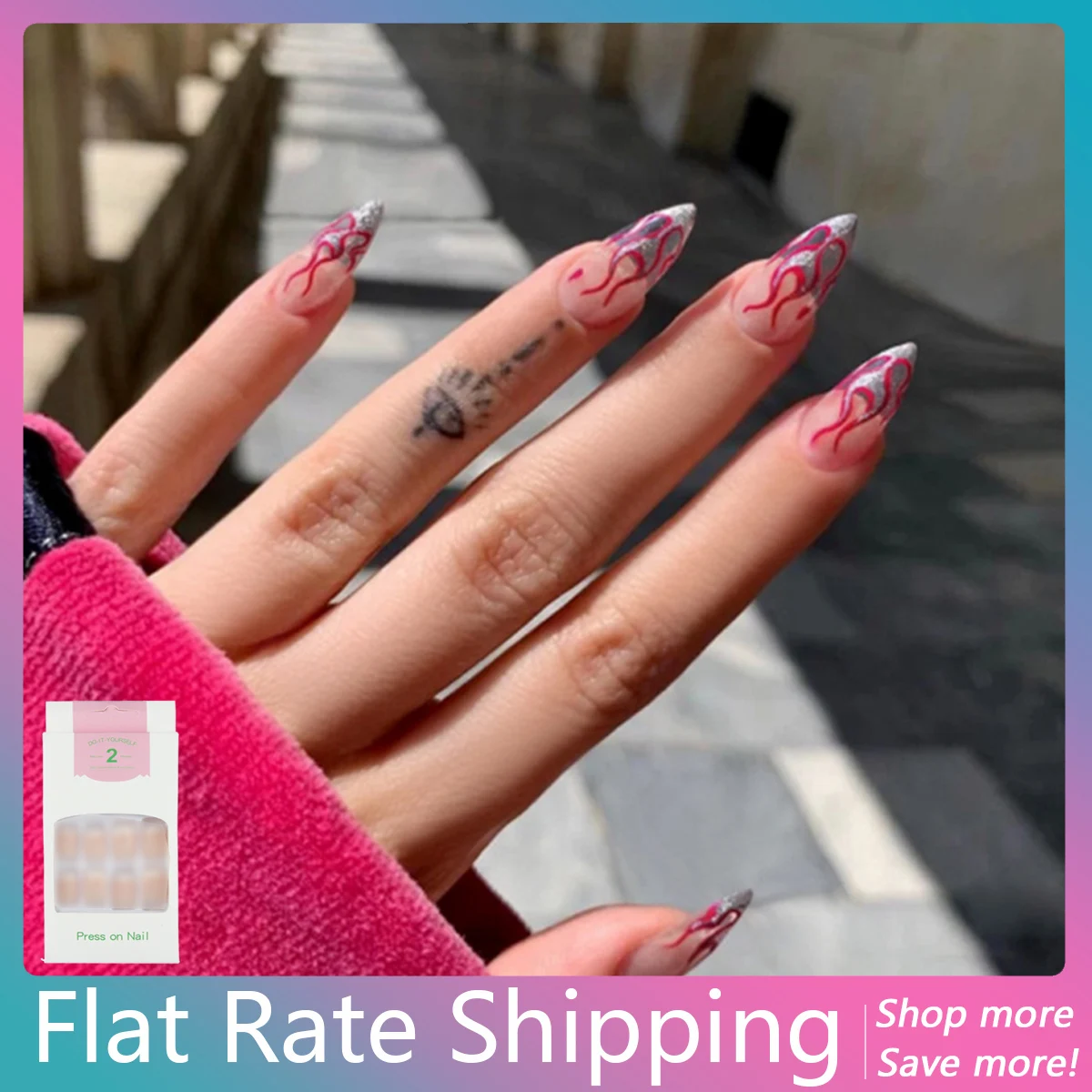 

Flat Rate Shipping 24 Pieces/Box Press On False Nail Art Tips Oval Cofffin Long Fake Nail with Nail Adhesive Accessories JP1574