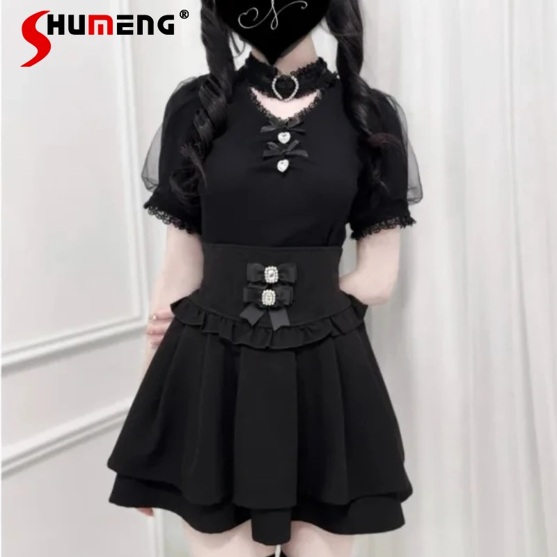 Rhinestone Heart Collar V-Neck Top Knitted Short Sleeved Shirt Mass-Produced Japanese Lolita SC Y2k Blusas Pullover For Women