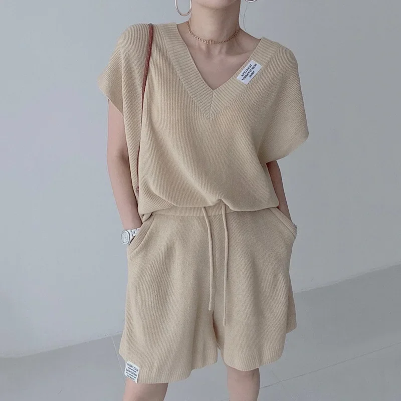 Womens Knitted Shorts Home Suit Sweet V-neck Short Sleeve Pullover Sweater+drawstring Wide Leg Shorts 2 Piece Sets Loose Pijamas