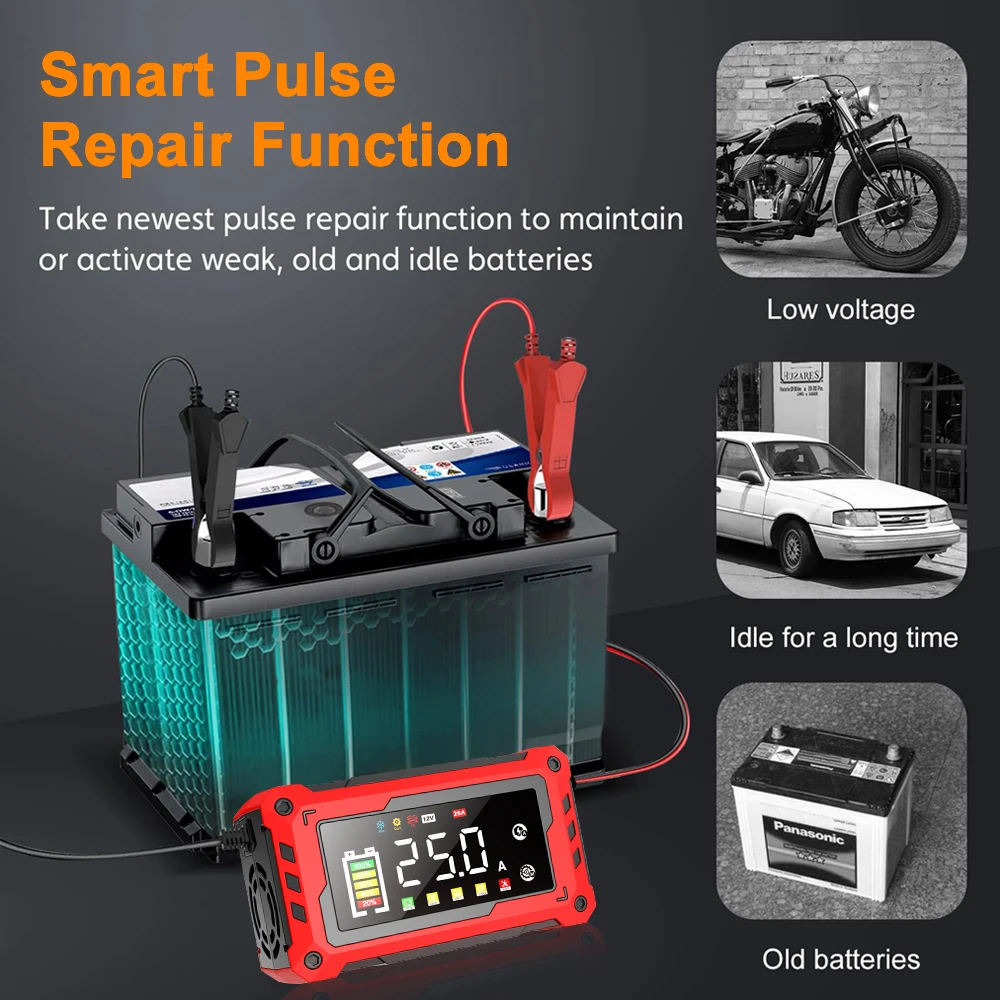 EAFC 12V-24V Car Battery Charger 15A 25A Pulse Repair Large LED Display Smart Charger Battery for Car Motorcycle Old Batteries