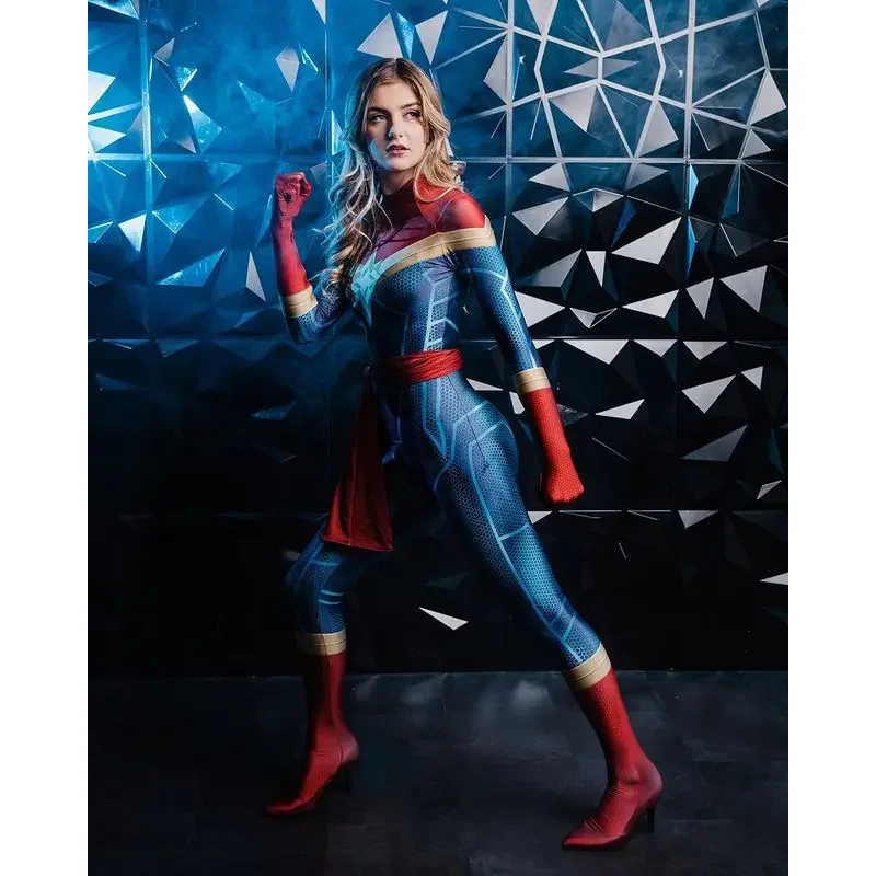 Halloween Carol Danvers Cosplay Costume, Fêmea Super-herói Zentai Suit, Mulher, Meninas, Bodysuit, Macacões de festa, Adultos, Crianças