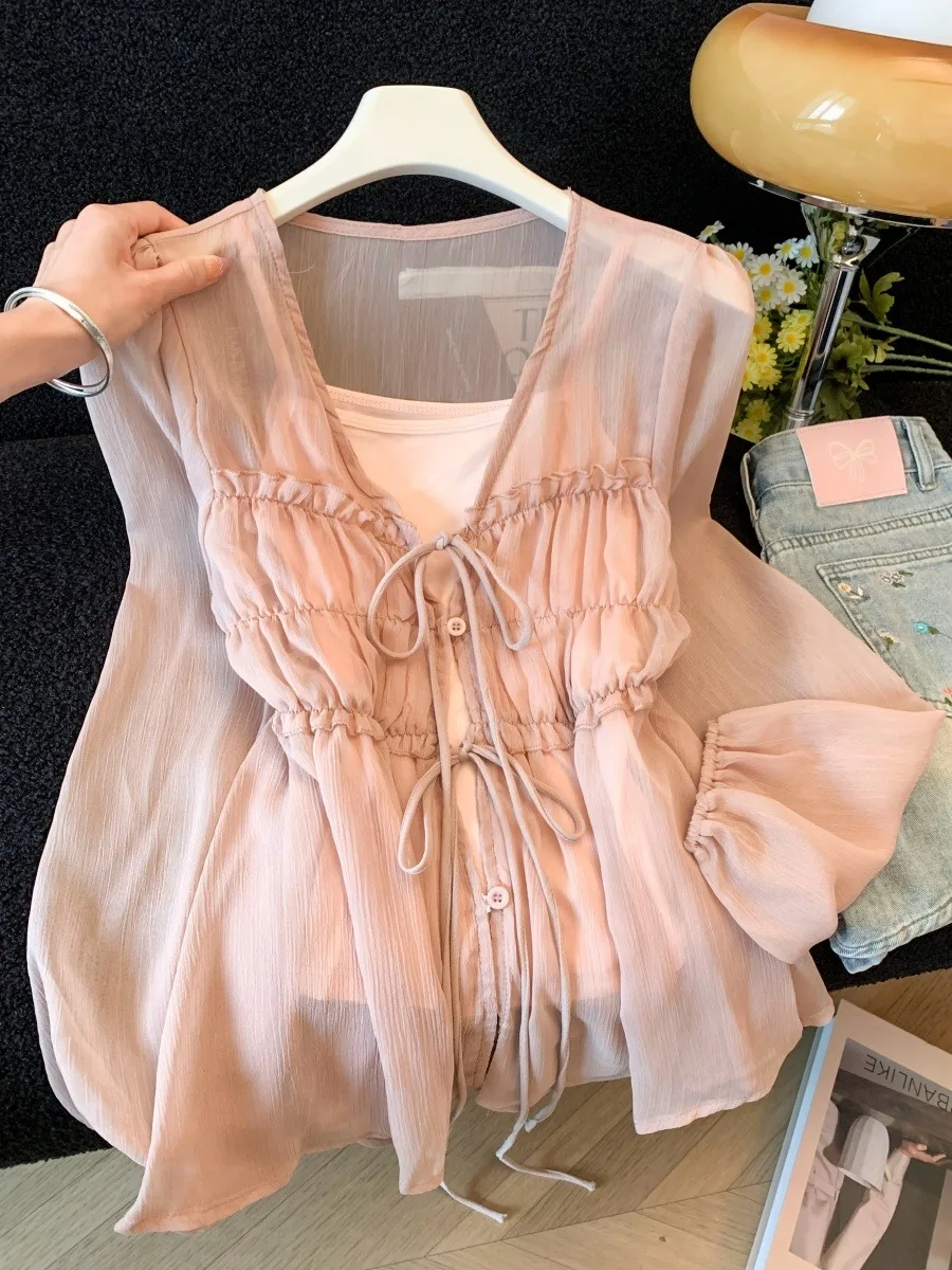 

Sweet Feminine Style Long Sleeve Sun Protection Shirt Women Summer Inner Tank Top Layering Two-Piece Set Top V-neck Open Card...