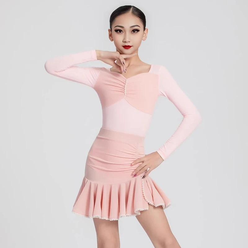Latin Dance Kleid Mädchen Wettbewerb Kostüm Langarm Body Rüschen Tanz Rock Rosa Rumba Samba Bühne Kleidung Dancewear 1732