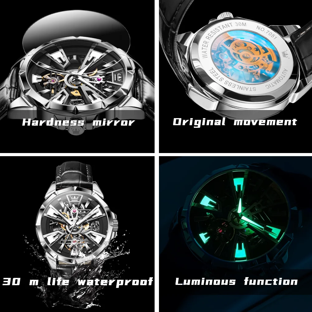 OLEVS 7051 Original Brand Men's Watch Casual Leather strap Waterproof Automatic Mechanical Watch Luminous Skeleton Wristwatch