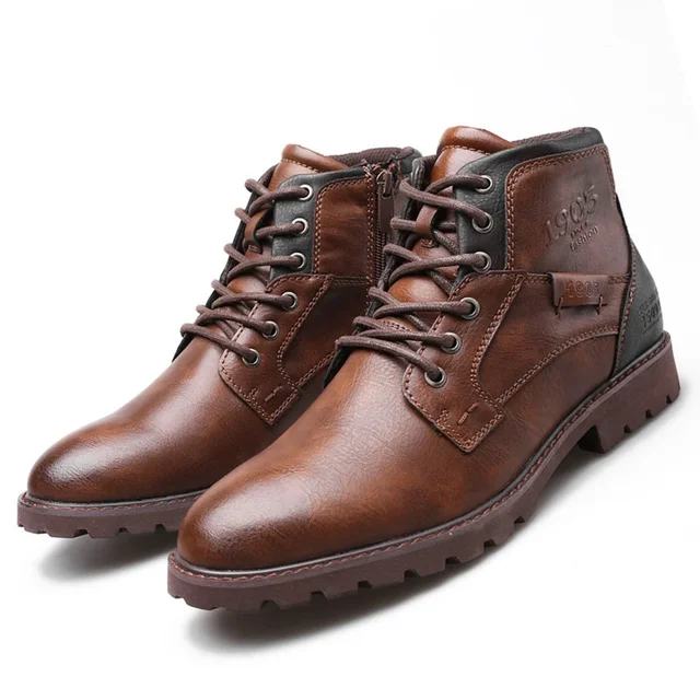Skórzane męskie buty za kostkę Plus Size High Top Shoes Outdoor Work Casual Shoes Motorcycle Military Combat Boots Fashion Autumn Brown