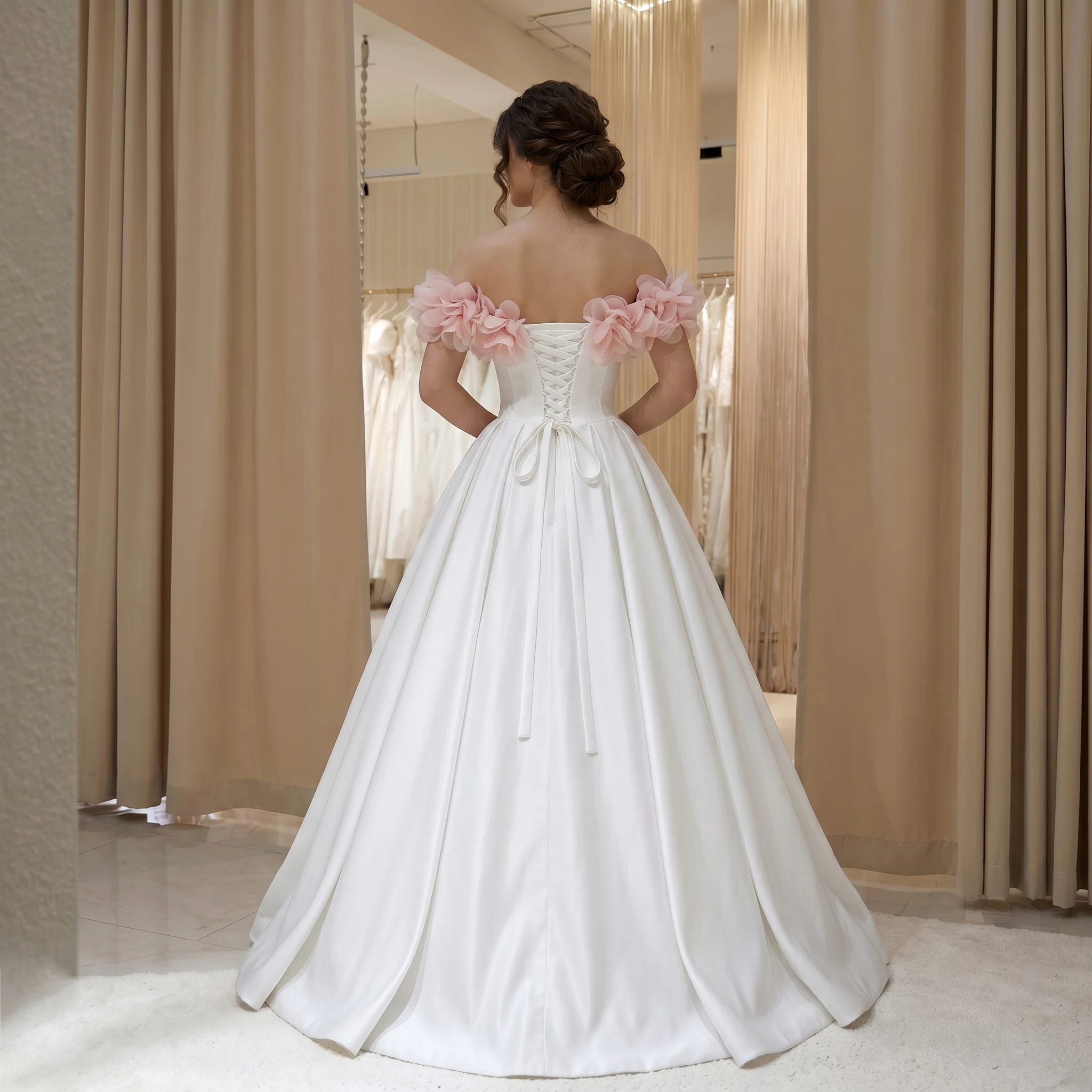 Off Shoulder Pink 3D Flower Satin A Line Wedding Dress Corset Lace Up Back Ball Gown Bridal Dress