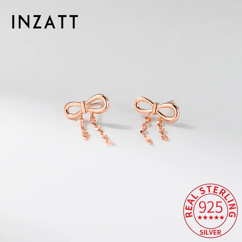 

INZATT Real 925 Sterling Silver Rose Gold Bowknot Chain Tassel Stud Earrings for Women Classic Fine Jewelry Minimalist Accessory