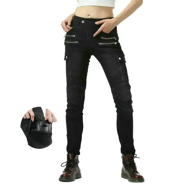 

Loong Biker Female Motorcycle Riding Pants Four Chains Fashion Little Slim Locomotive Jeans Knight Casual Protecitve Trousers