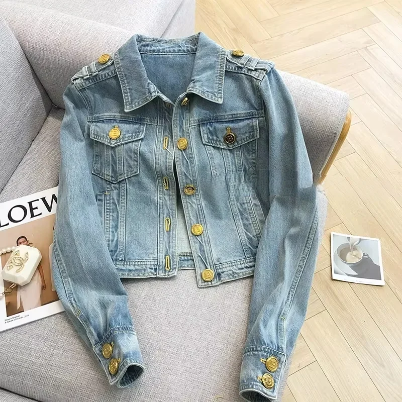 2026 New Design Sense Heavy Industry Denim Coat Female Korean Wash Short Style Temperament Tops Metal Buckle Denim Jacket Women