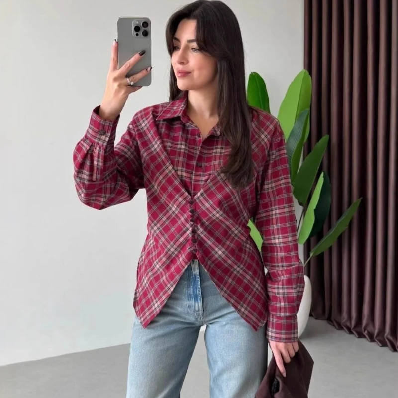 

Женская блузка Tsiisd в винтажном стиле с клетчатым принтом, приталенная, на шнуровке, с элементами пэчворка, для повседневной носки, уличный стиль, 2026