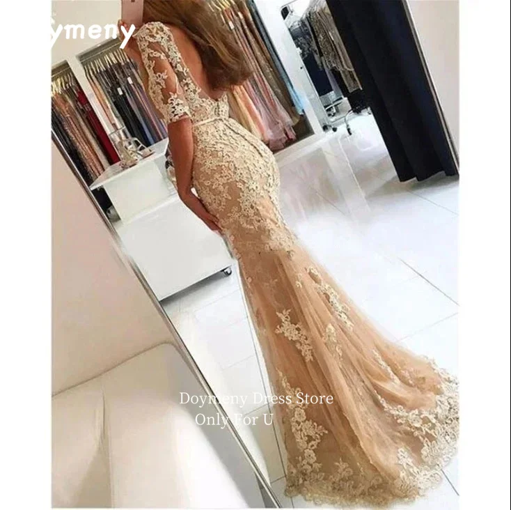 Doymeny Half Sleeves Evening Dresses Appliques Lace Tulle Mermaid Prom Dresses Ribbon Backless Party Wear For Women