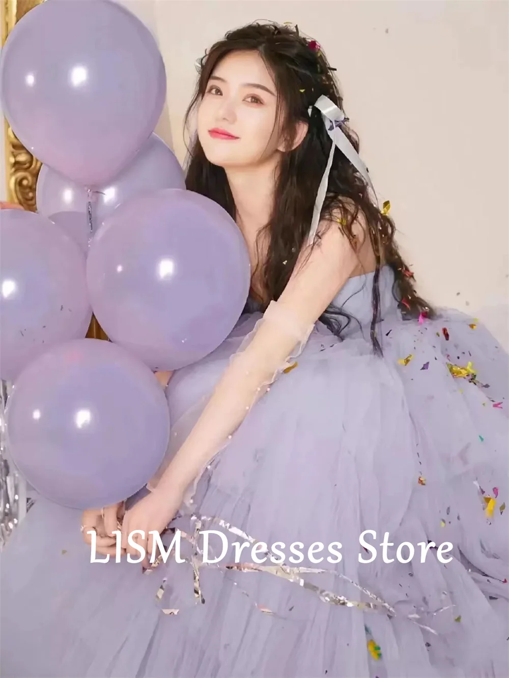 LISM Sweetheart Purple Wedding Dresses Strapless A-line Tiered Tulle Korea Wedding Photo Shoot Dresses Bridal Gown Custom Made