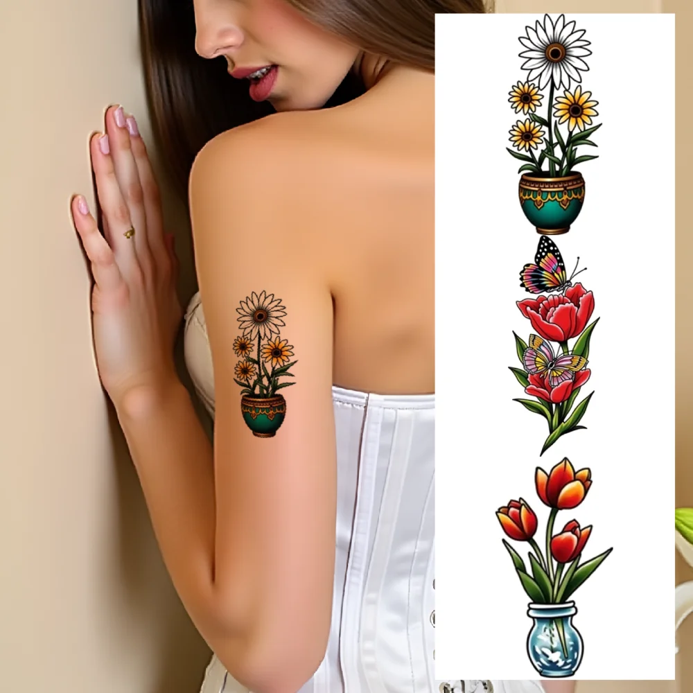 

28pcs Temporary Tattoo Waterproof Long-lasting Body Stickers Clocks Potted Plants Flowers For Shoulders Women Men