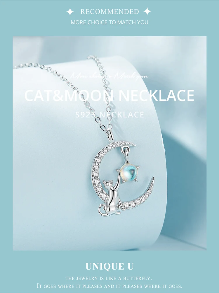 WOSTU 925 Sterling Silver Cute Cat Moon Pendant Necklace For Women, reamy Moonstone Zircon Charm Necklaces Special Gift For Her