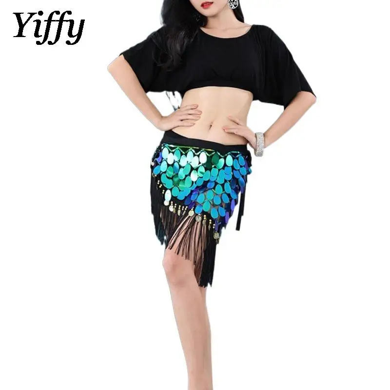 Belly Dance Hip Scarf Elegant Top Sexy Tassel Sequins Waist Scarf Wrapped Hip Short Skirt Oriental Dance Training Suit Set