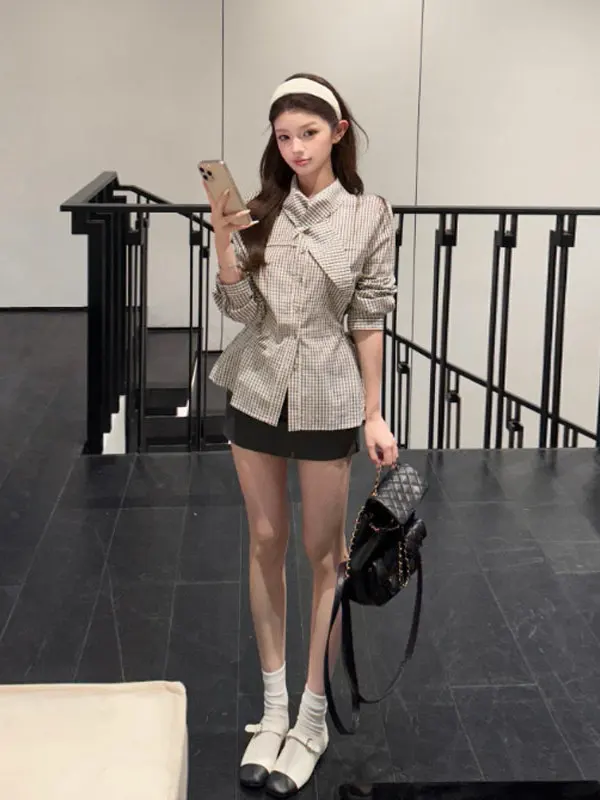 

Slimming Effect Korean Style Shirt Women's Waist-Cinching Plaid Shirt Fashionable Spring Top Elegant Personality