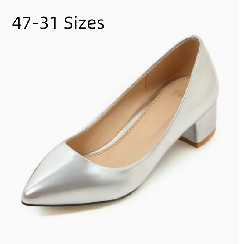 Women Med Heels Pumps Silver Blue Shiny Leather Stilettos Null Plain Shoes 6cm Wide Fits Slip-On 40-46 28cm Well Made Chaussures