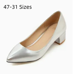 Women Med Heels Pumps Silver Blue Shiny Leather Stilettos Null Plain Shoes 6cm Wide Fits Slip-On 40-46 28cm Well Made Chaussures