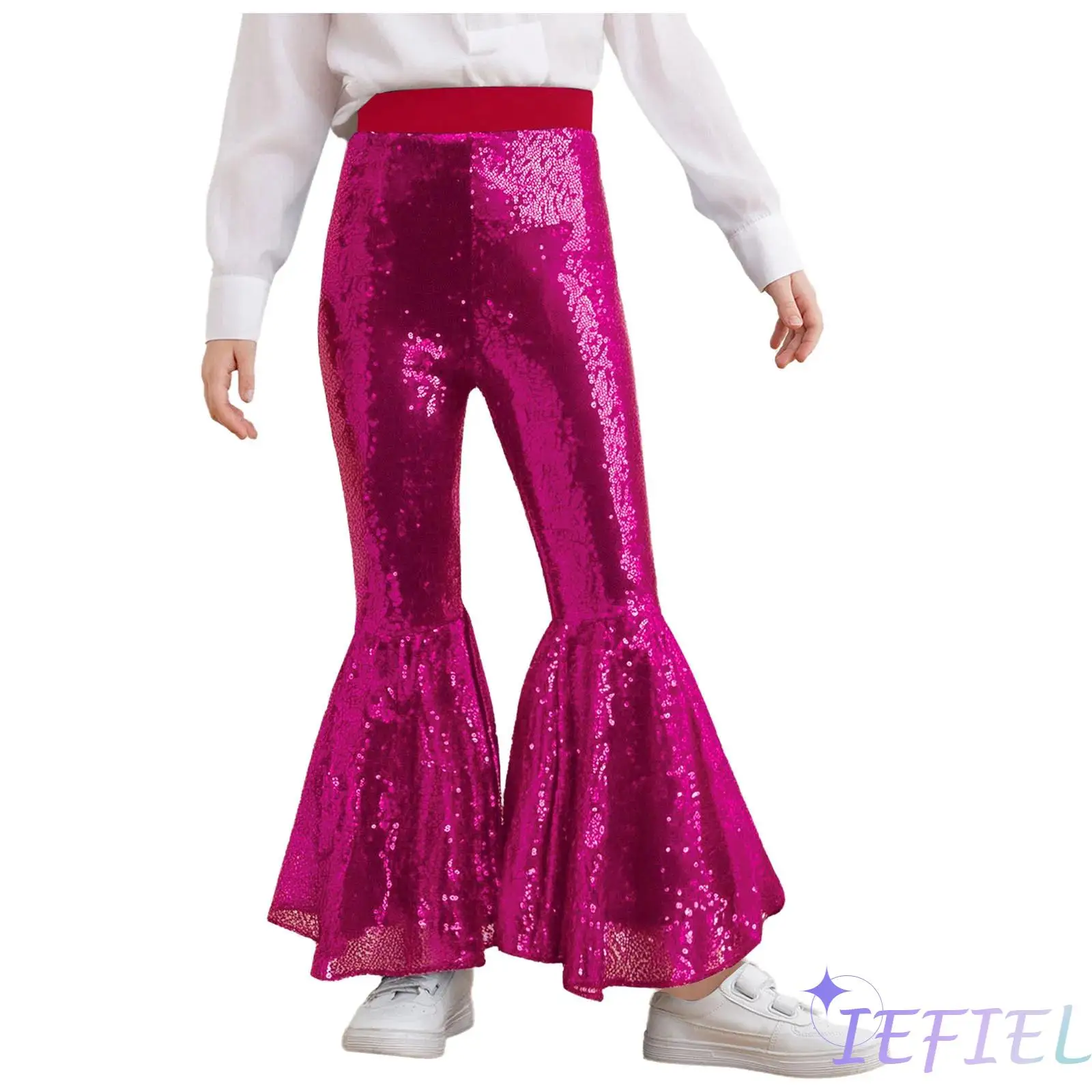 

Girls Jazz Hip-Hop Dance Performance Costume Glittery Sequins Flared Pants Elastic Waistband Bell-Bottom Trousers Jazz Dancewear
