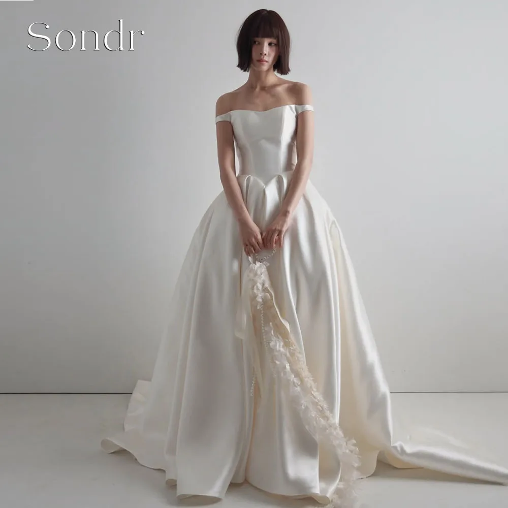 

Sondr Customized Satin Korean Wedding Dresses Corset Back Princess A Line Off the Shoulder Bridal Gown Formal Event Dresses