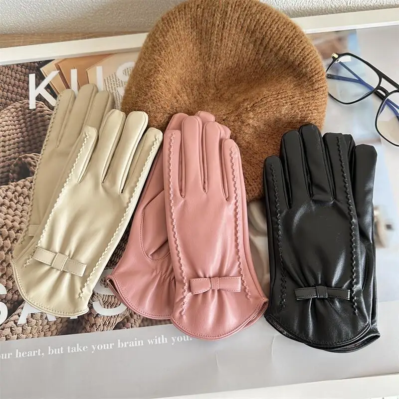 Leather Gloves For Women Winter Thickened Plush Windproof Waterproof Touch Screen Gloves Female Outdoor Riding Short Mittens