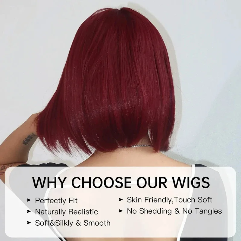 

Wig Wine Red Bob Wigs Short Straight Synthetic Wig For Women Burgundy Cosplay Wig With Bangs Party Lolita Hairs Heat Resista