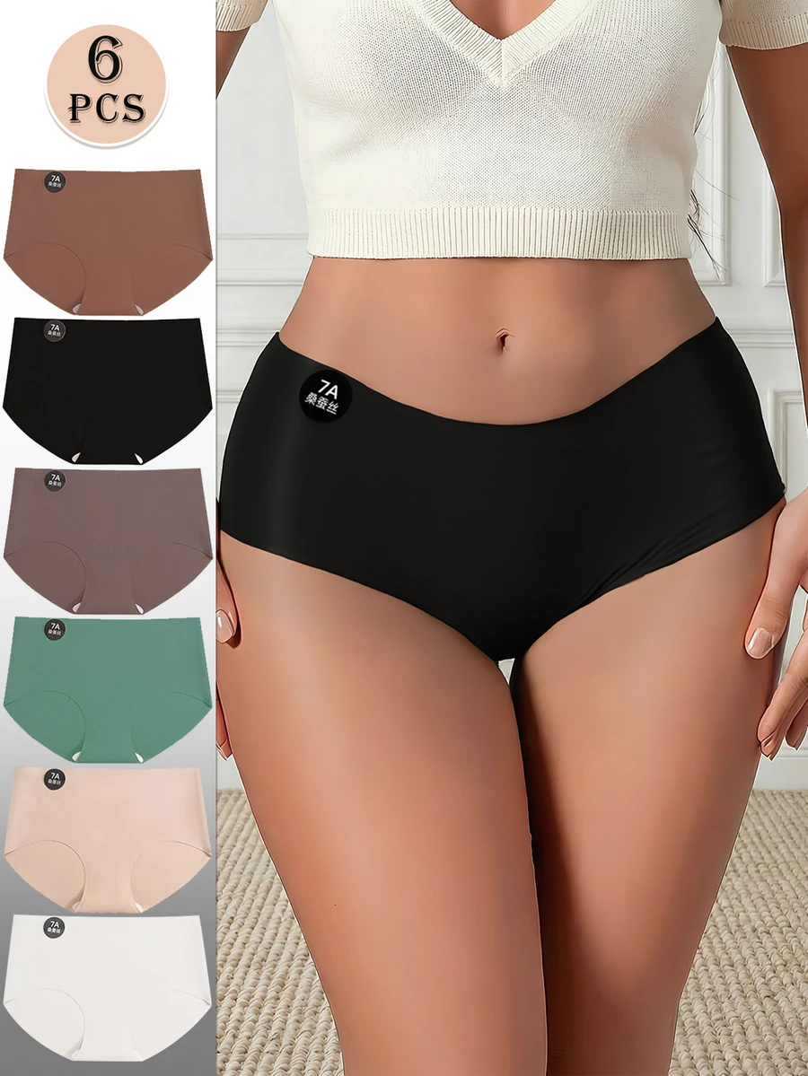

6 Pcs Seamless Ice Silk Womens Low Waist Briefs Solid Color Comfortable Invisible Underwear