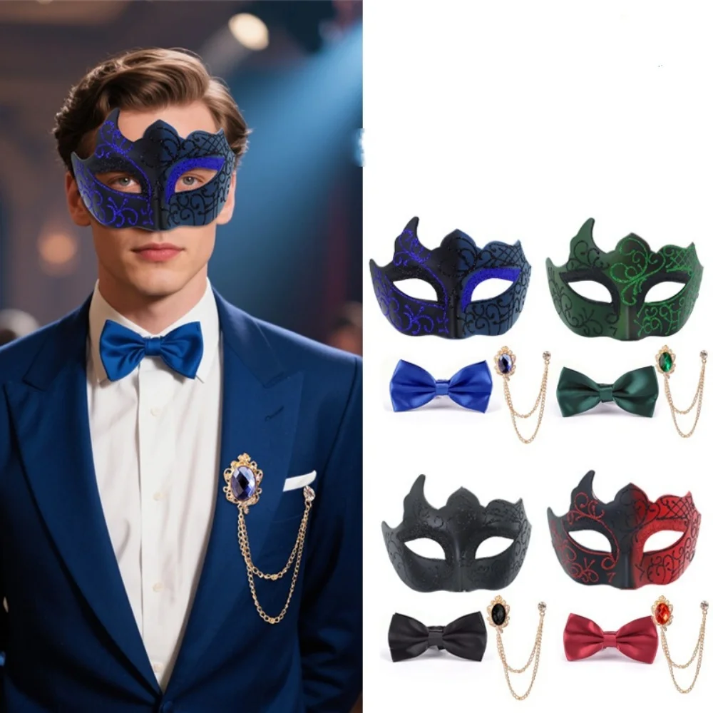 Half-Face Painted Party Mask Stunning Party Mask Bow Tie Set Gentleman Masquerade Costume Decorative Masquerade Mask Set