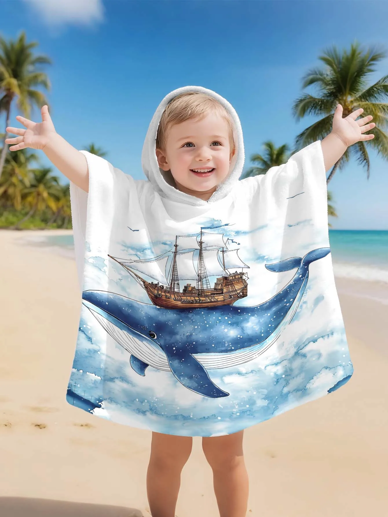 

Sky-blue Ship&Whale Bathrobe Soft Bathrobe Super Absorbent Side button Suit For Beach Pool Seaside Camping For Girl&Boy Age 2-11