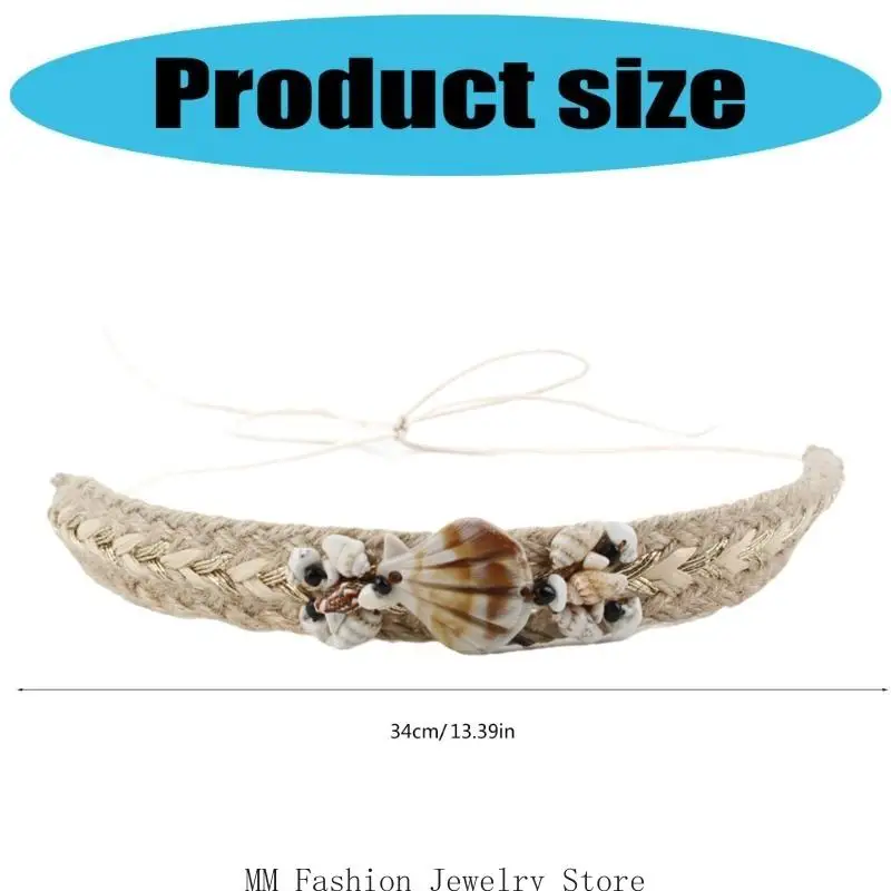 D0UB Hand Woven Hat Band for Adult with Sea Shell Decors Ethnic Panama Caps Band for Women Men Vacation Hat Accessories