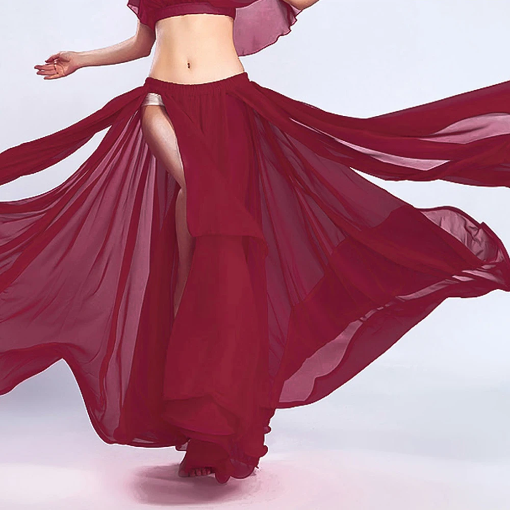 Women Belly Dance Skirt Solid Color Oriental Dance Suit High cut India Bollywood Unilateral Split Belly Dance Long Skirt