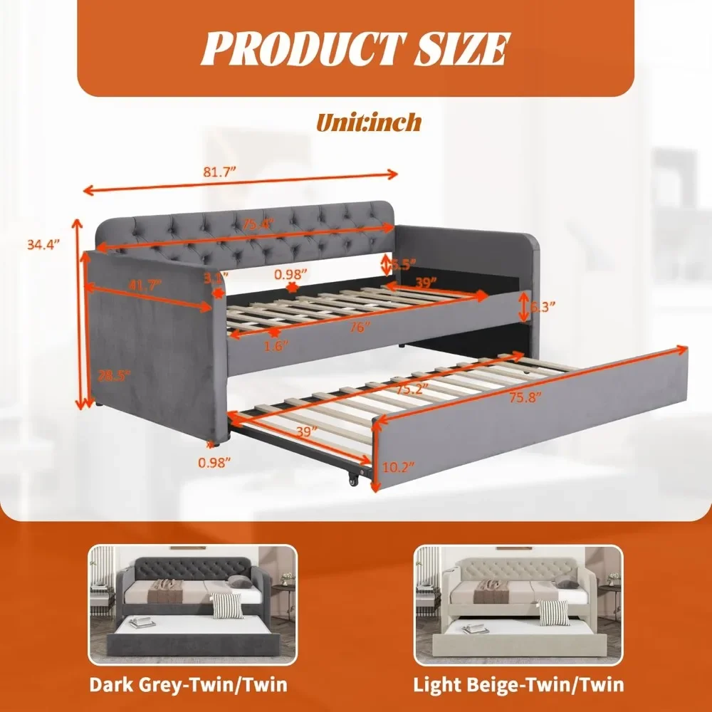 سرير نهاري مخملي منجد بحجم مزدوج مع منفذ شحن USB - إطار أريكة مزدوج الحجم معنقدة بأزرار، لا حاجة إلى صندوق زنبركي #2