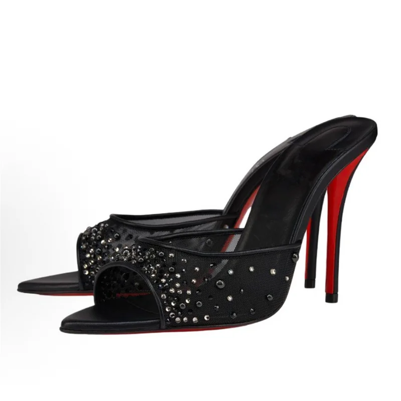 2026 Luxury Mesh Backless Mules Pearls Crystal Rhinestone Decor Square Toe Stiletto Slides Elegant Evening Heels view 3