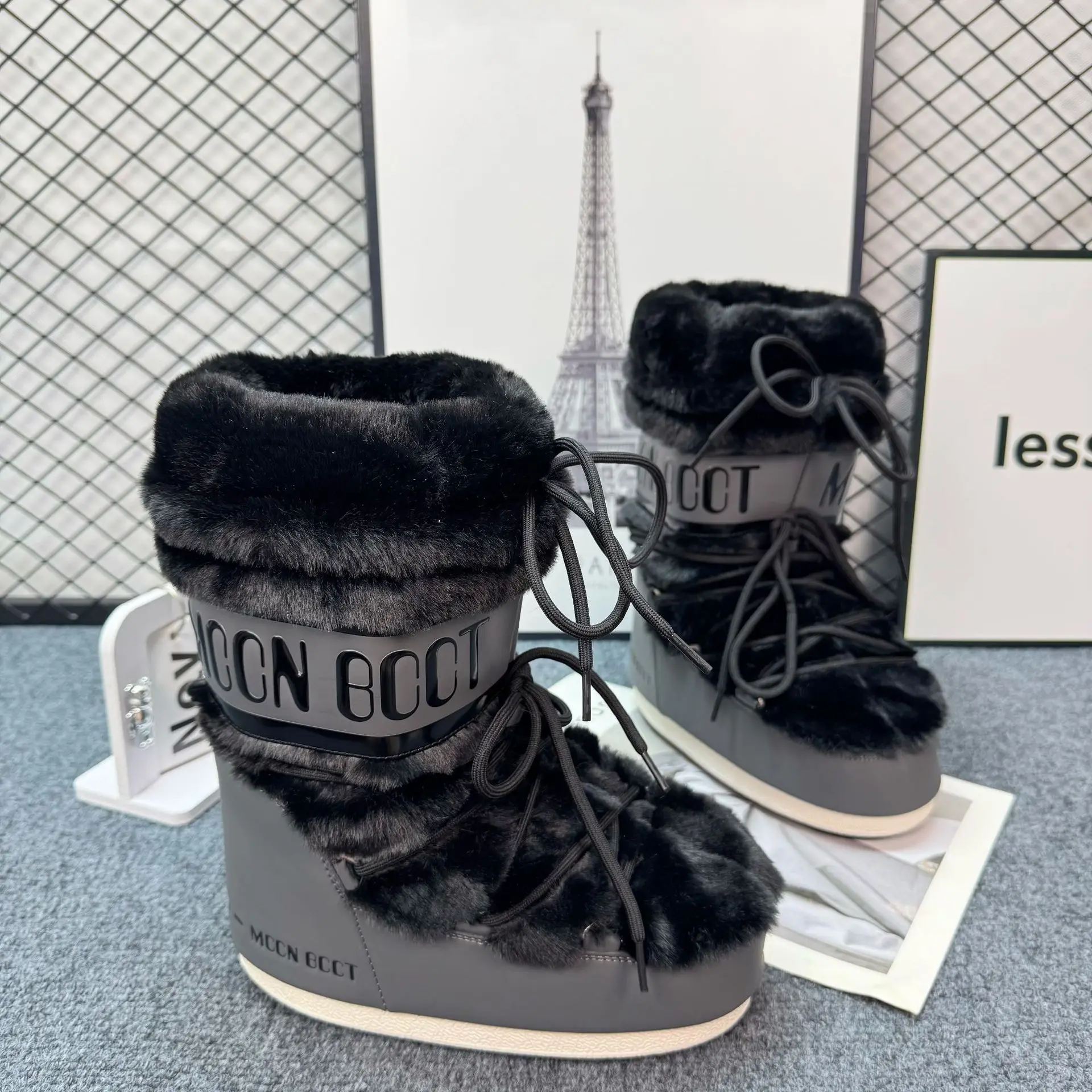 Botas de piel esponjosa 2025, moda de invierno, botas de nieve de suela gruesa sintética, zapatos de algodón con forma de luna cálidos y peludos para mujer, botas de esquí para exteriores