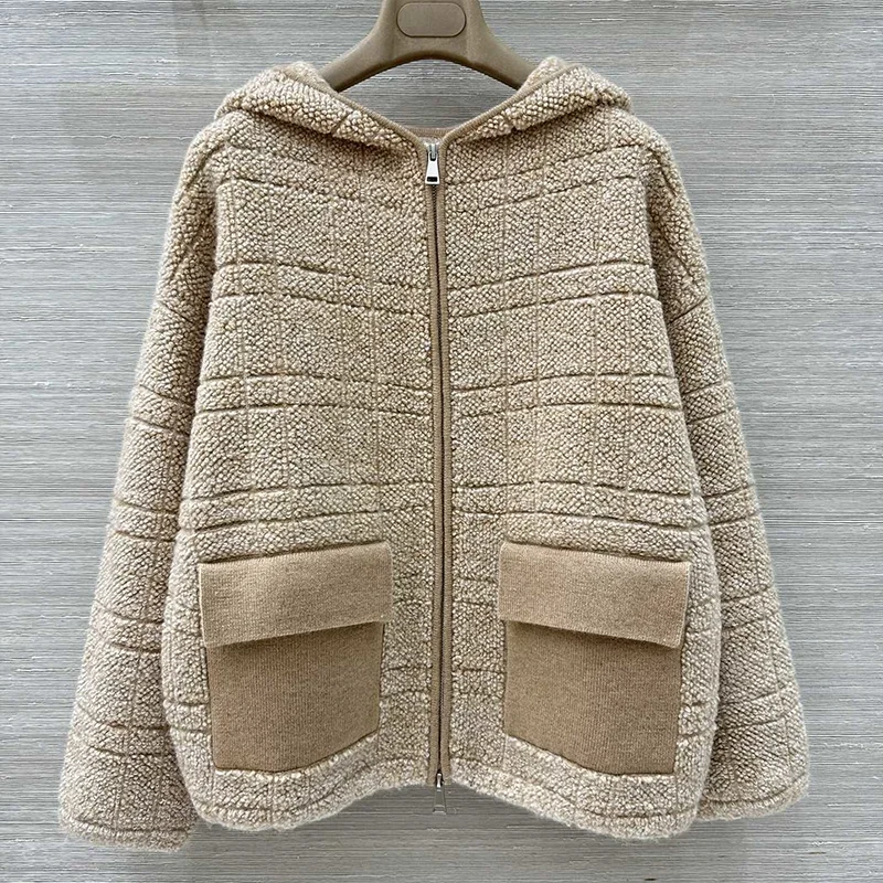 

Высококачественный разноцветный женский шерстяной кардиган с большими карманами и двойной молнией, свитер, мягкая толстовка с капюшоном 251017245