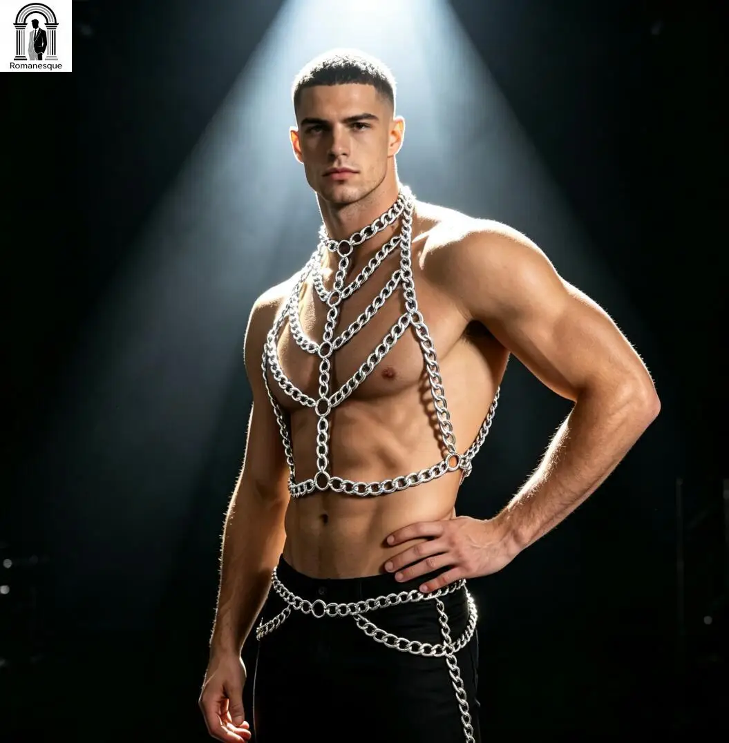 Men's Silver Thick Chain Body Harness Halter Neck Chest Cage Top Adjustable Waist Chain Vest Nightclub Rave Party Body Jewelry - view 6