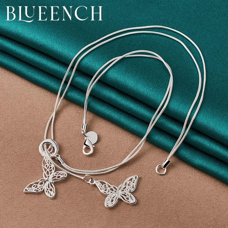 Blueench 925 Sterling Silver Clavicle Chain Butterfly Cutout Pendant Necklace for Women Wedding Party Fashion Jewelry