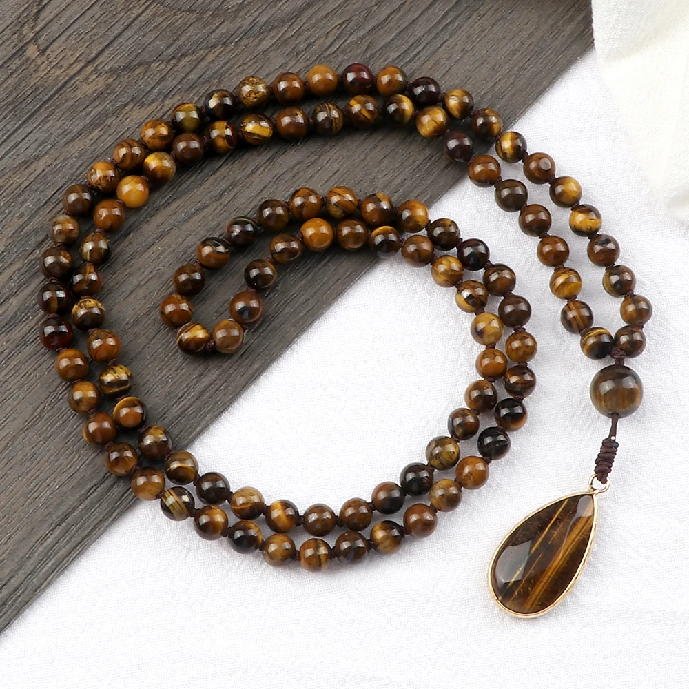 Vintage Design Tiger Eye Stone Necklace Handmade Knotted 6mm 108 Mala Beads Necklaces Drop Pendant Women Men Yoga Jewelry Gifts