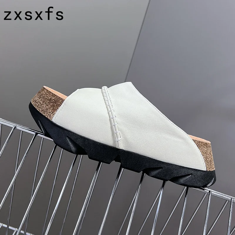 

Summer Platform Slides Flat Real Leather Casual Slippers Women Thick Sole Holdiay Beach Shoes Woman Flat Sandals Ladies Slippers