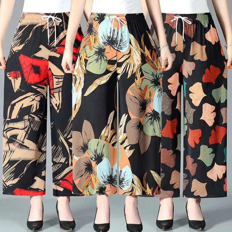 

High Waist Wide-legged Pants Women Summer Trouser Floral Print Straight Pants Thin Loose Korean Chic Nine-minute Pants New