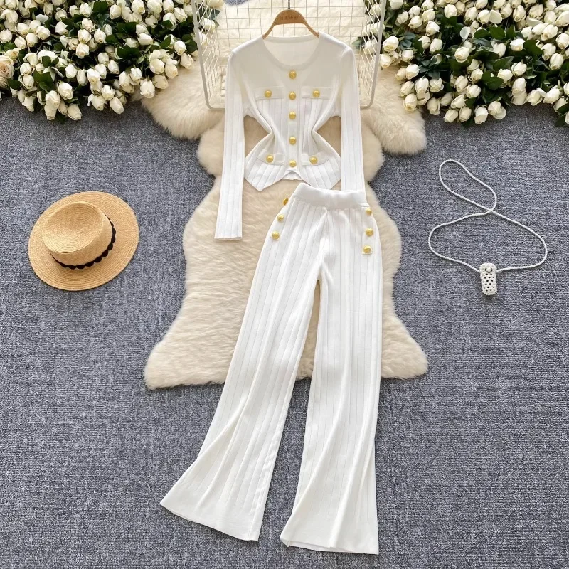 Metal Buckle Two Piece Sets O-neck Sweater+high Waist Straight Wide Leg  Pant 2025 Spring Autumn New Knitted Suit Women