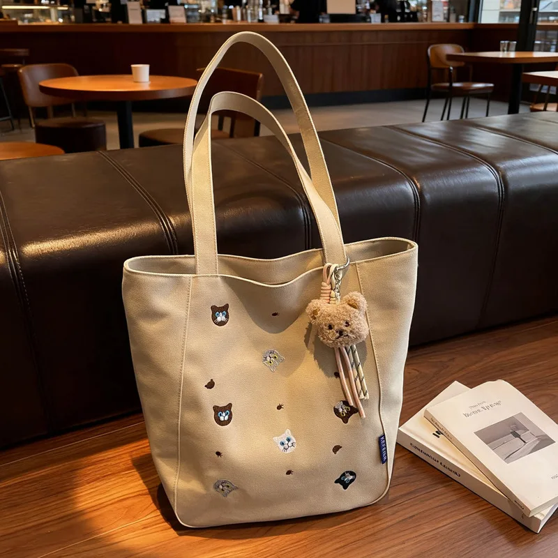 

Новая милая холщовая простая сумка с вышивкой, большая вместительная повседневная сумка в стиле ретро с ручкой, универсальные текстурные сумки для хранения