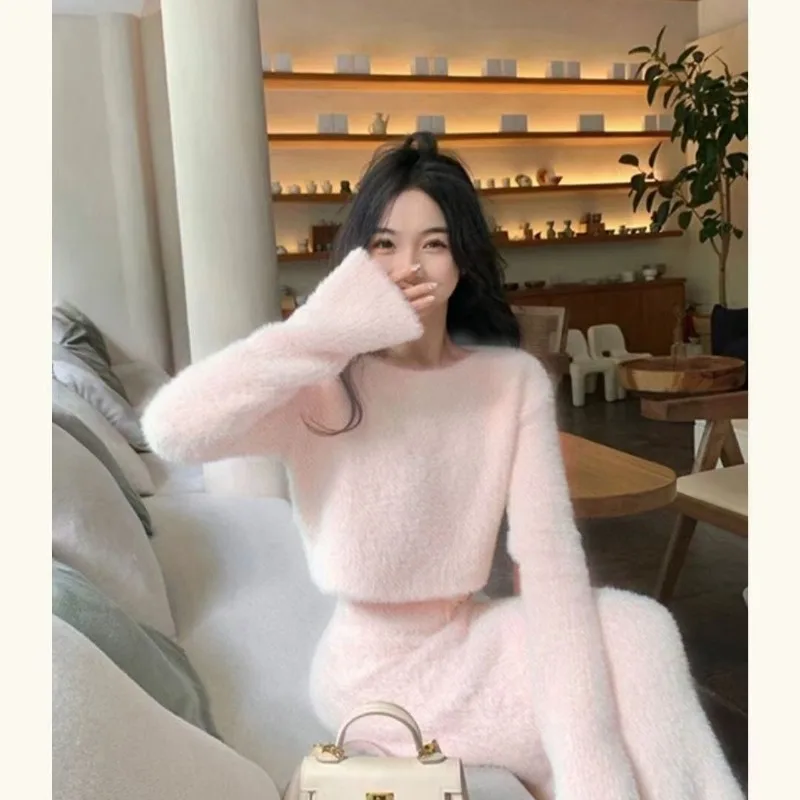 Kimotimo Temperament Knitted Skirt Sets Women Autumn Sexy Soft Short Sweater Pull Long Skirts Korean Solid Slim Two Piece Suits